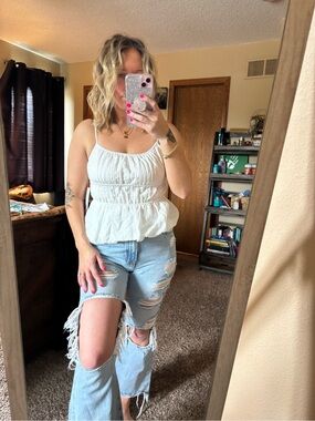 White bubble Peplum Spaghetti-Strap Tank Top